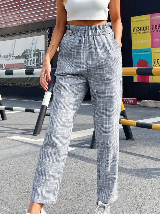 Fashionable temperament high waisted plaid straight leg pants