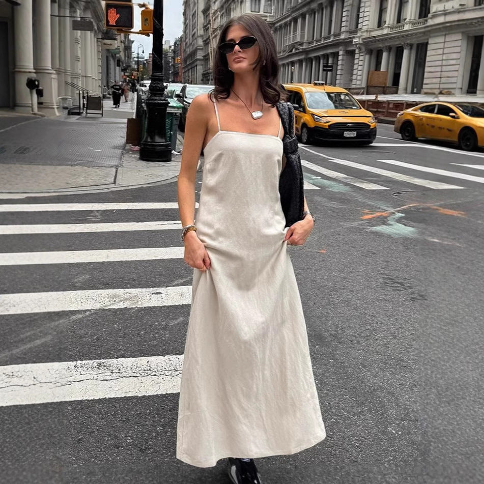 Khaki cotton linen camisole dress for women fashionable and loose A-line long skirt