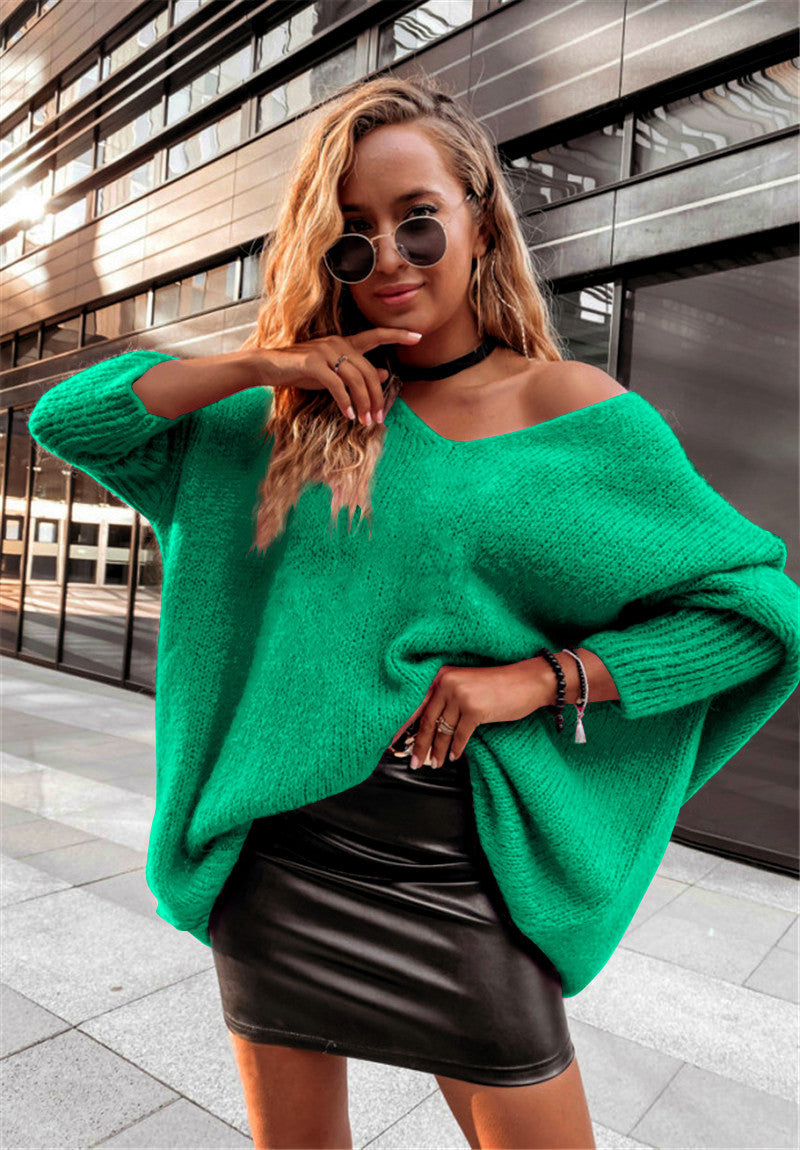 Loose bat shirt candy color V-neck off shoulder knit sweater casual sweater for women