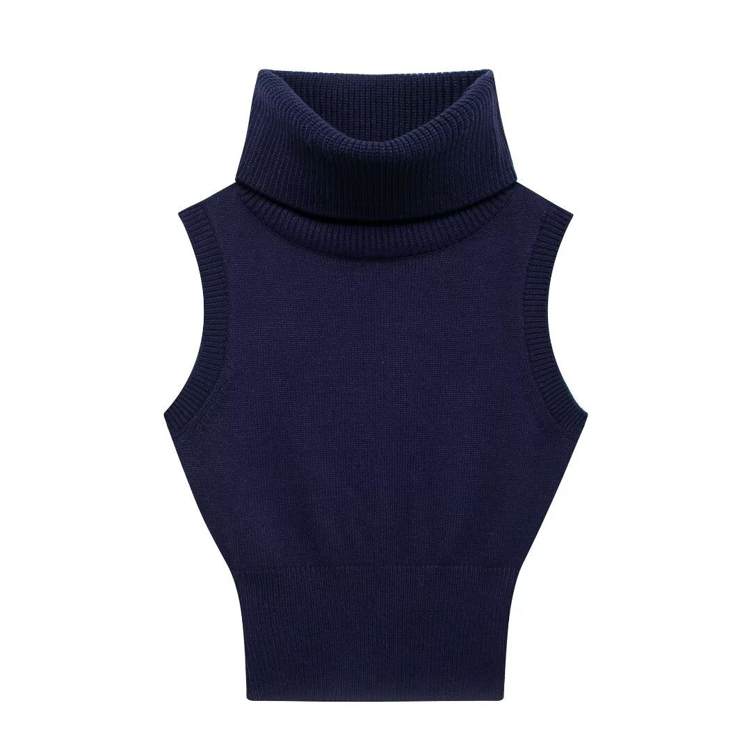 Autumn new fashion high neck sleeveless solid color slim fit short knitted vest for women