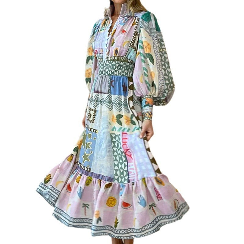 Anitrendy Colorful Printed Long-Sleeve Maxi Dress with Waist Cinching Design – Elegant Office & Summer Wear for Women, S–3XL