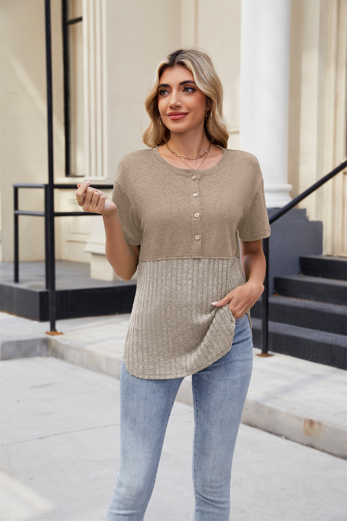 Women’s Color Block Knit Pullover Top with Short Sleeves and Round Neck Button Front – Casual Loose Fit for Everyday Comfort in Multiple Stylish Colors