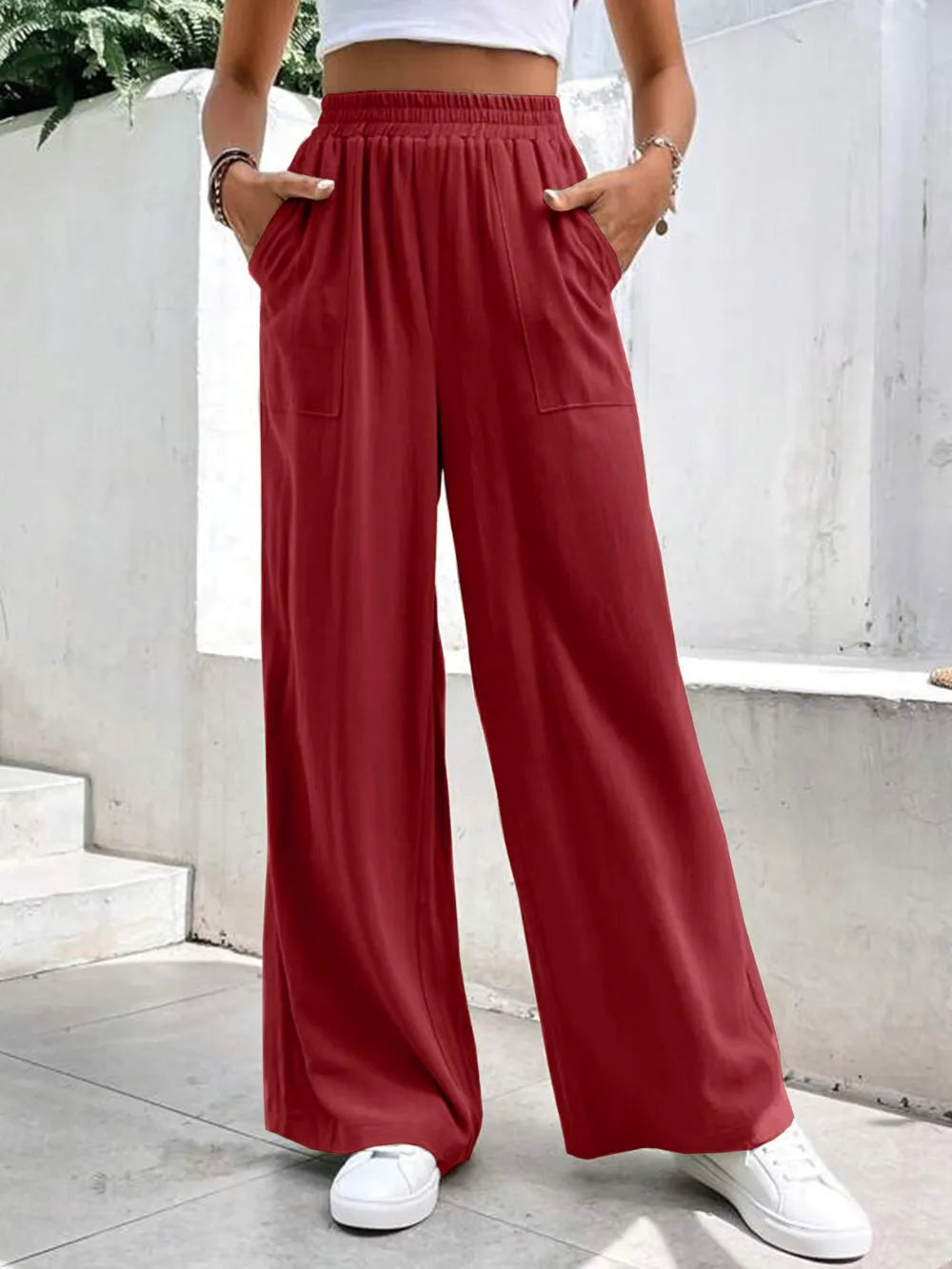 Women's mid rise straight leg pants loose sports solid color pocket casual pants