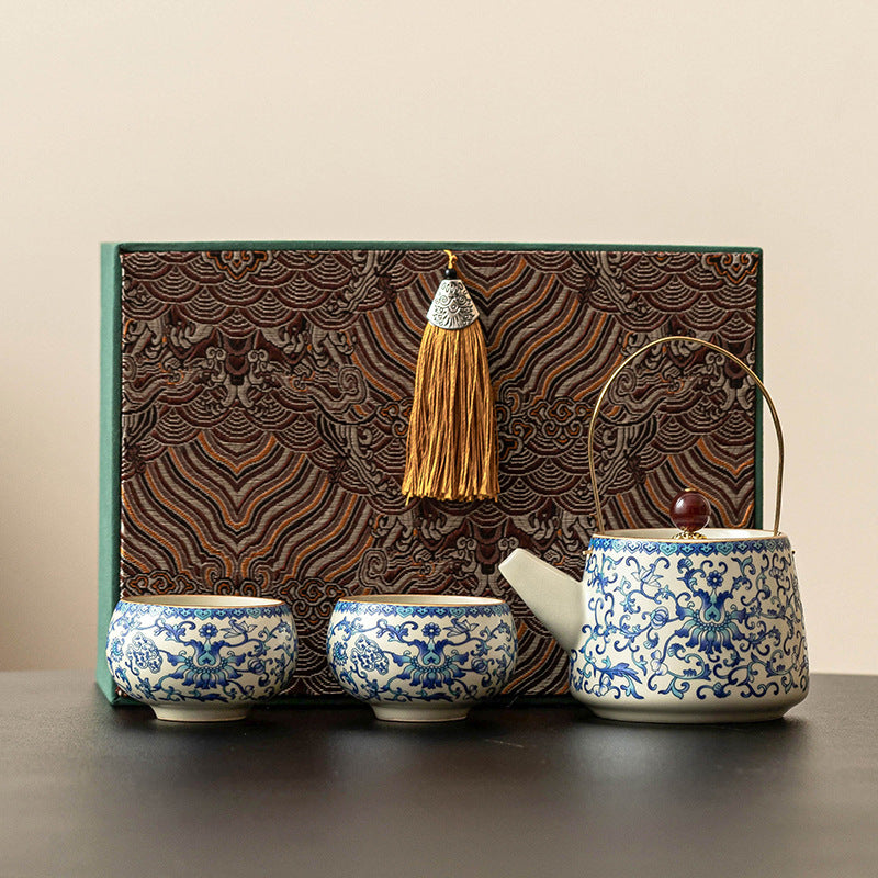 Ru Kiln Blue & White Teapot – Ceramic Luxury Gift Box for Elders, Home & Tea Lovers