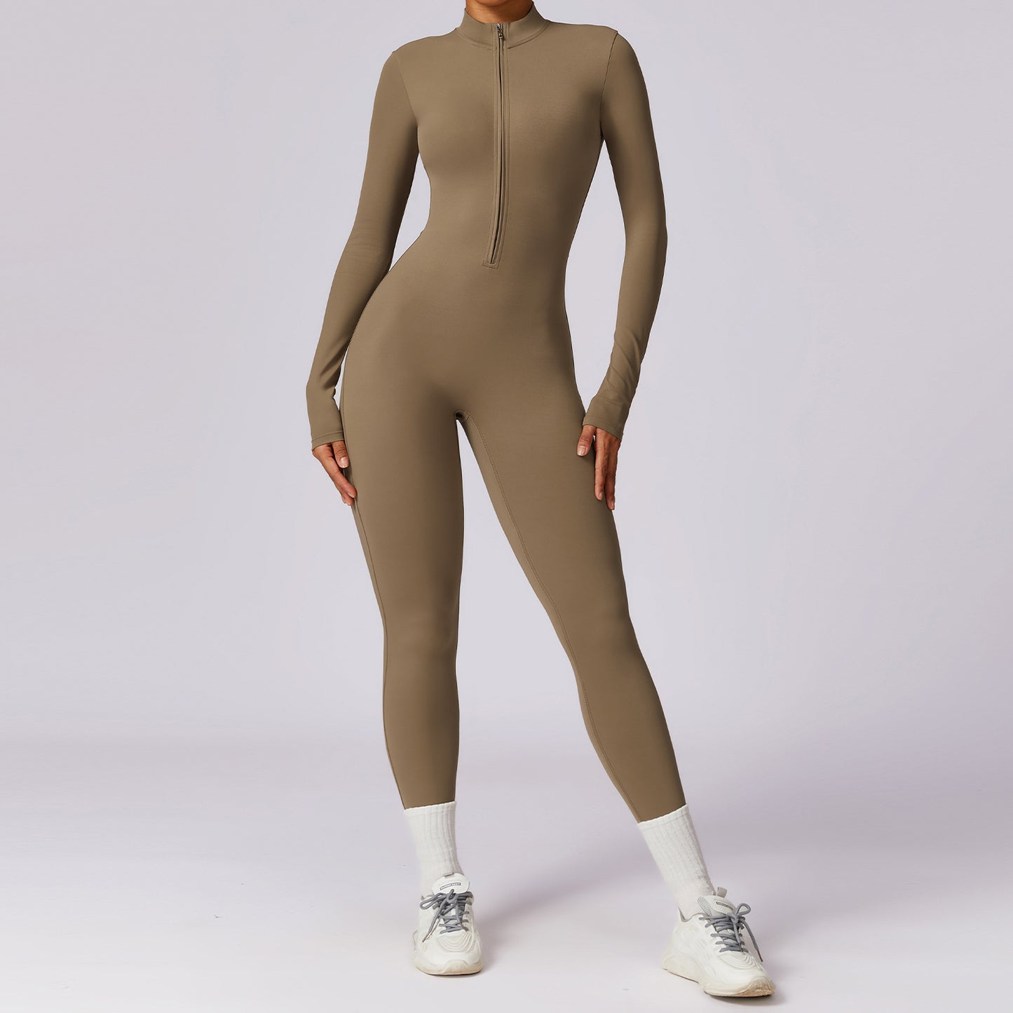 Zipper nude long sleeved yoga jumpsuit, high-intensity fitness sports jumpsuit, tight fitting bodysuit