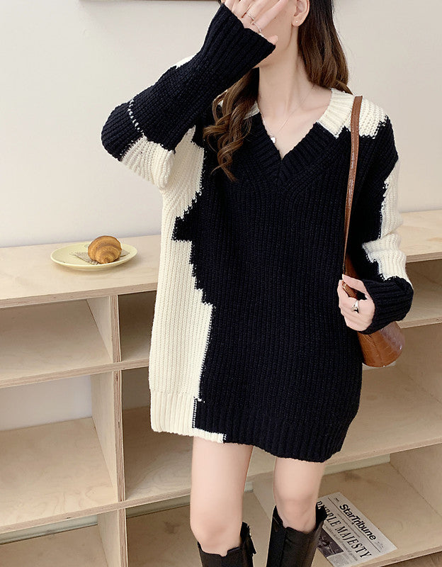 Soft and sticky V-neck sweater for women, loose and lazy style, sweet temperament, knitted dress trend