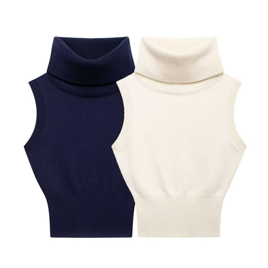 Autumn new fashion high neck sleeveless solid color slim fit short knitted vest for women