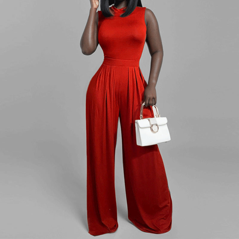 Long pants slim fit printed sleeveless women's jumpsuit