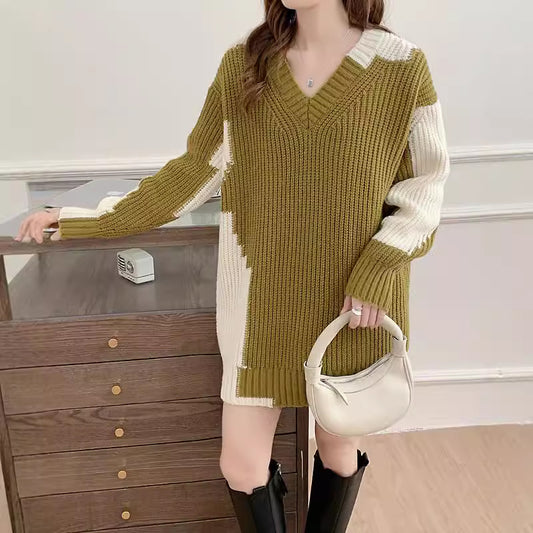 Soft and sticky V-neck sweater for women, loose and lazy style, sweet temperament, knitted dress trend