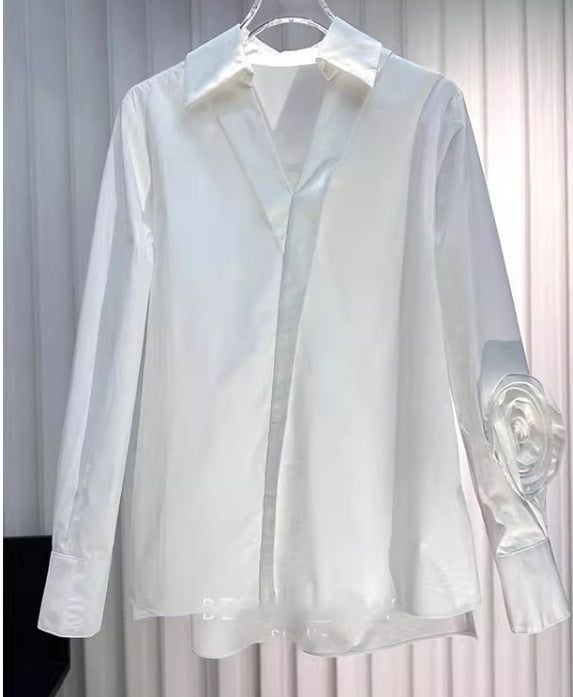 Early spring women's design sense three-dimensional flower shirt long sleeve solid color loose shirt