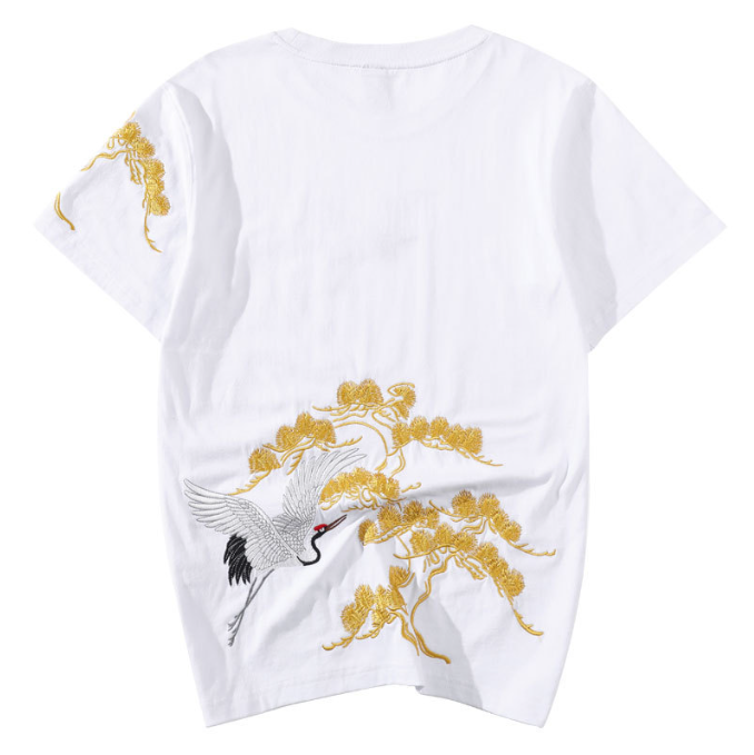 Chinoiserie Heavy Industry Embroidery Songhe China Chic Cotton Casual Loose Size Couple Short Sleeve T shirt Male