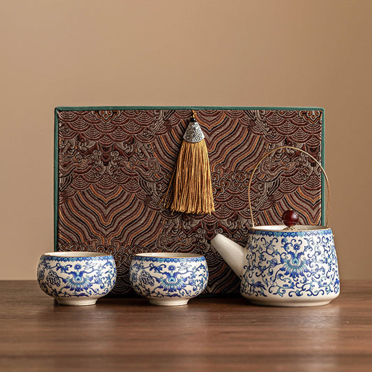 Ru Kiln Blue & White Teapot – Ceramic Luxury Gift Box for Elders, Home & Tea Lovers