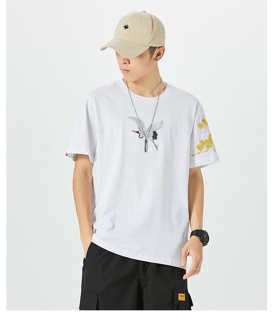 Chinoiserie Heavy Industry Embroidery Songhe China Chic Cotton Casual Loose Size Couple Short Sleeve T shirt Male