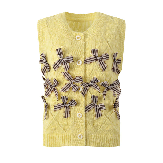 Early autumn new bow decoration niche design single breasted knitted vest short top for women