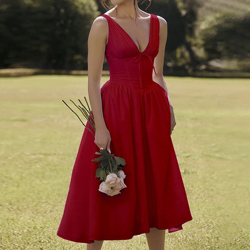 Solid color V-neck camisole mid length dress
