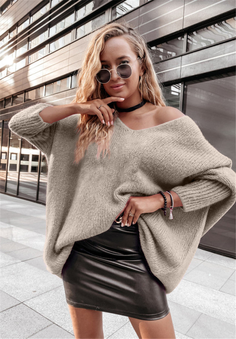 Loose bat shirt candy color V-neck off shoulder knit sweater casual sweater for women