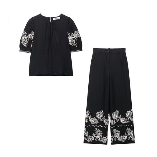 Women's European and American style round neck embroidered T-shirt+embroidered pants set