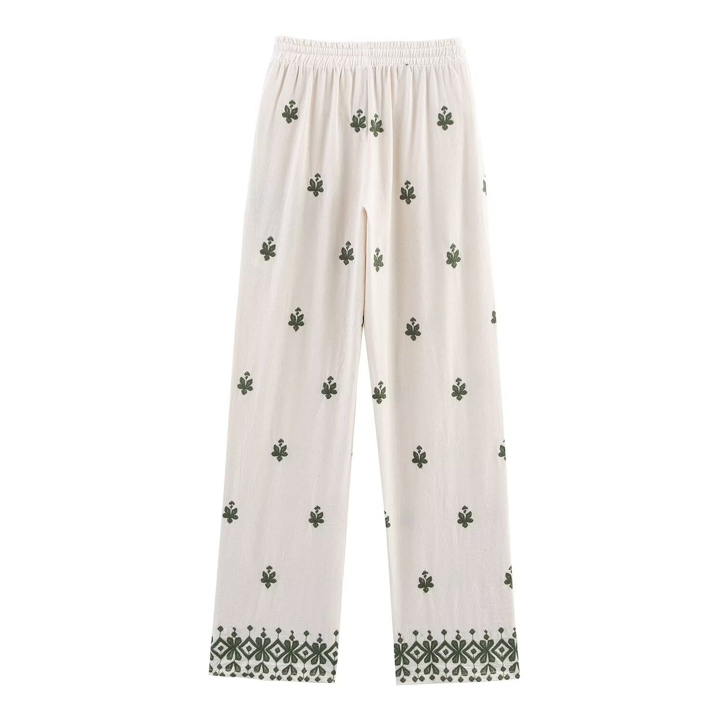 Elastic waistband embroidered embellishment wide leg casual pants for women