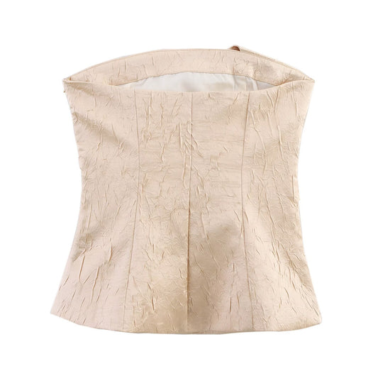 Wrinkled strapless top+straight leg pants set for women
