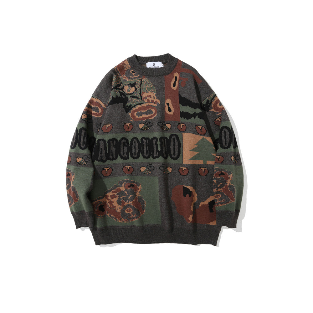 Retro Jacquard Knitted Sweater Men's Loose Round Neck Color blocked Knitted Sweater Long Sleeve