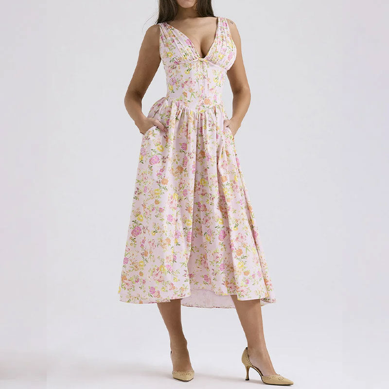 Solid color V-neck camisole mid length dress