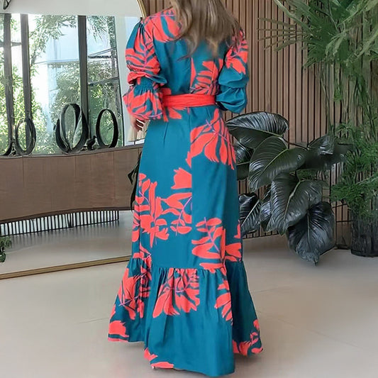 Button V-neck elegant printed waist cinching lace up big swing dress