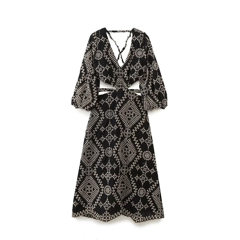 V-neck opening design embroidered MIDI long dress for women
