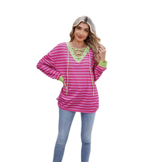 Anitrendy Women’s Striped V-Neck Long-Sleeve Hoodie with Belt Detail – Casual Fashion Pullover for All Seasons, Sizes S–2XL
