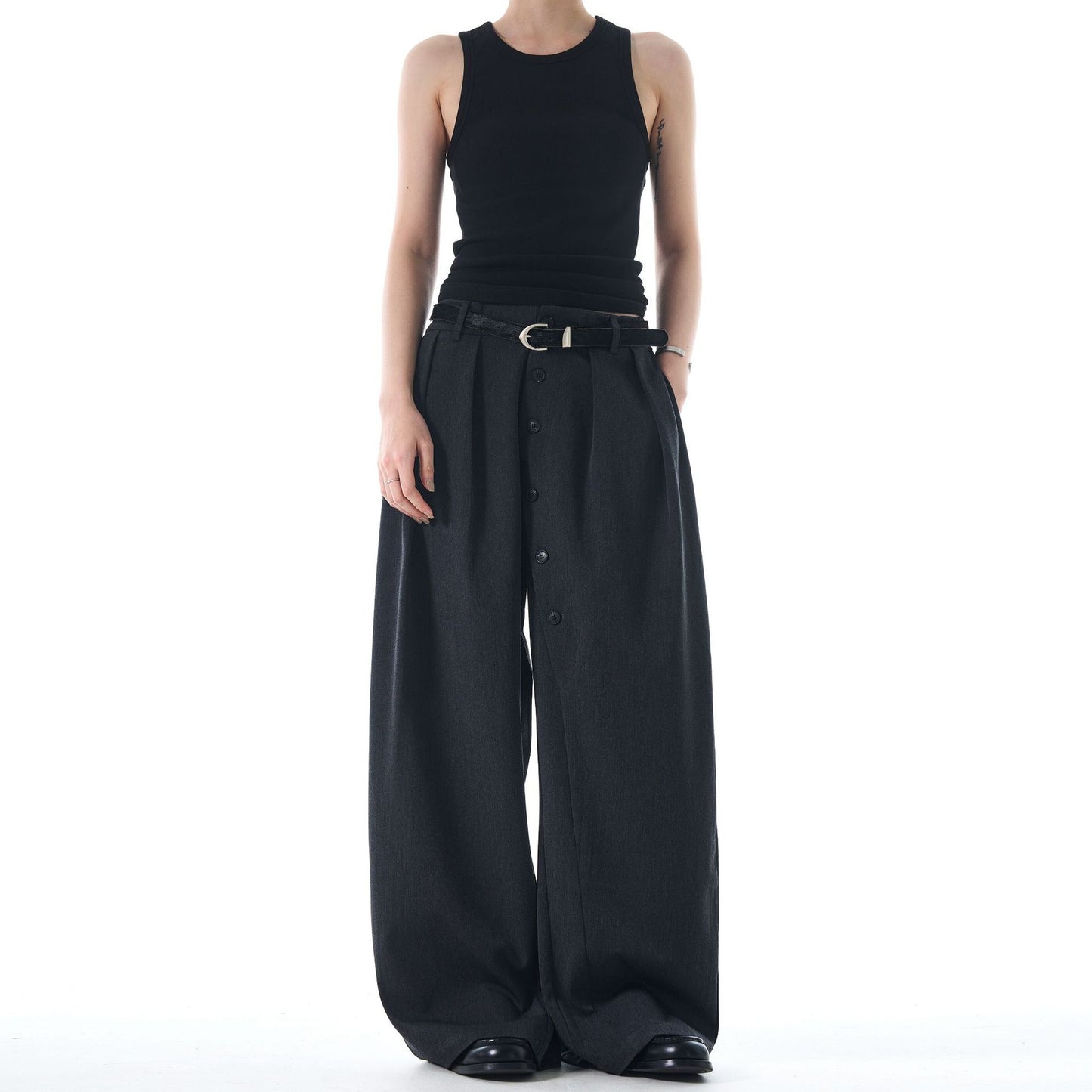 Button casual men's straight leg wide leg lazy dragging curved knife pants