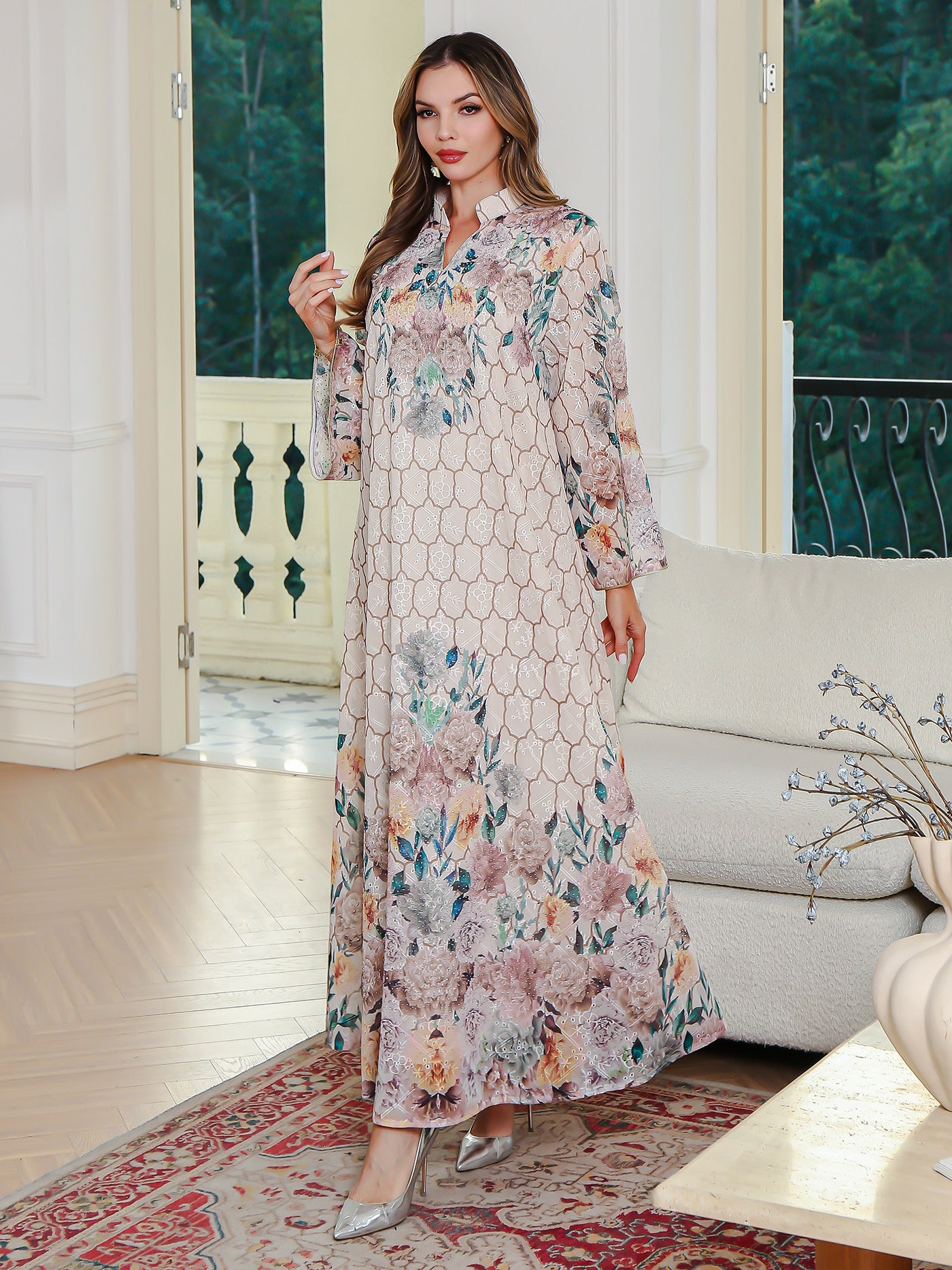 Elegant Embroidered Printed Muslim Long Dress Women's Clothing