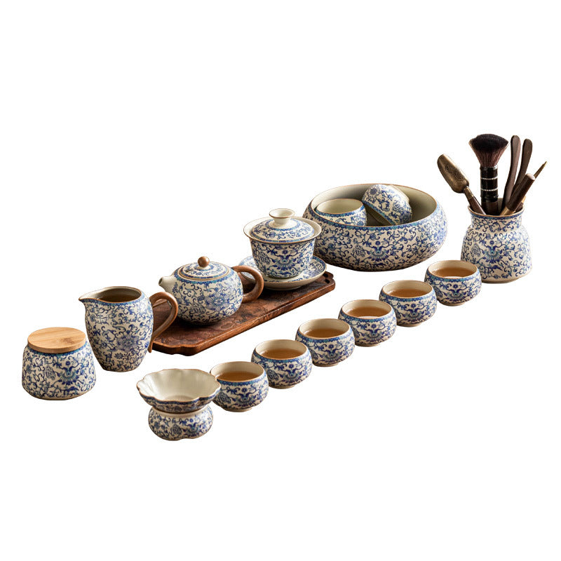 Kung Fu Tea Set- Blue & White, – Porcelain Lotus Teapot with Lid Bowl & 80ml Cups