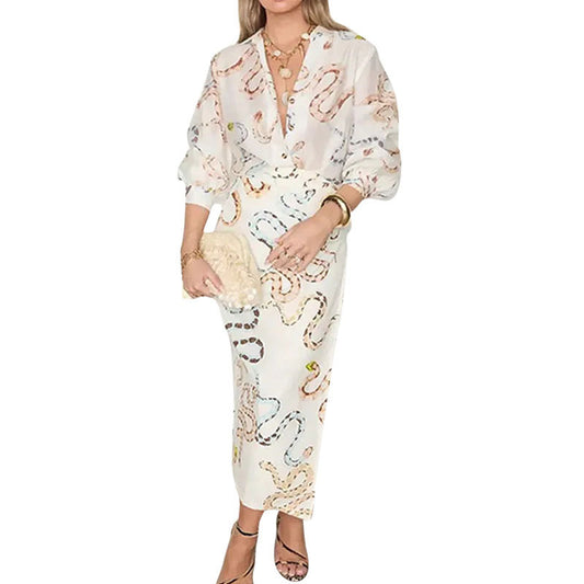 Printed shirt long sleeved slit skirt loose suit
