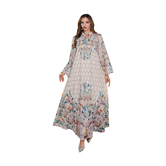 Elegant Embroidered Printed Muslim Long Dress Women's Clothing