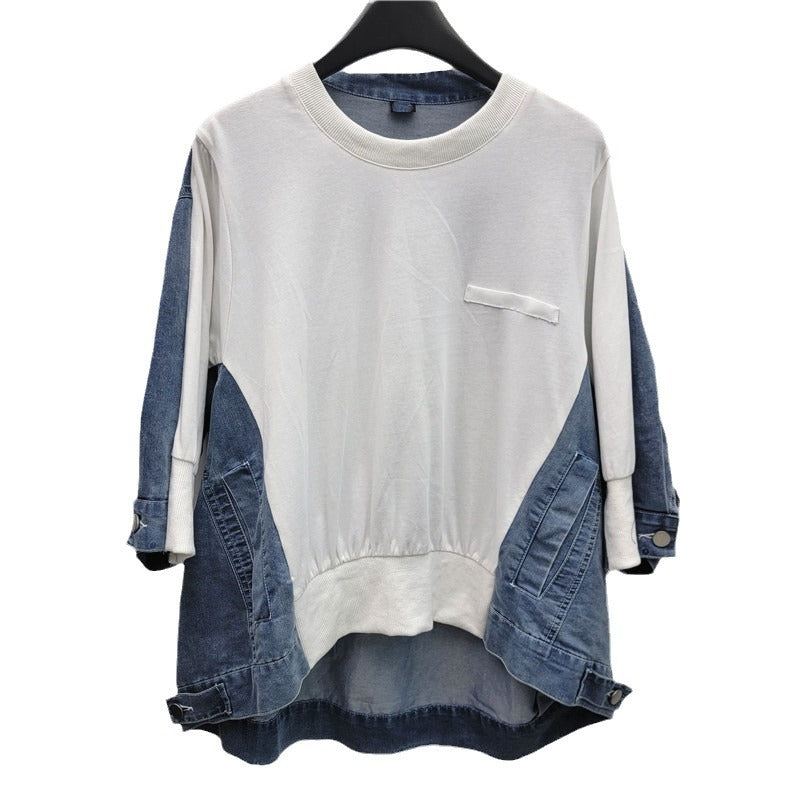 Retro style front short back long irregular patchwork denim design, round neck loose batball sleeve top for women