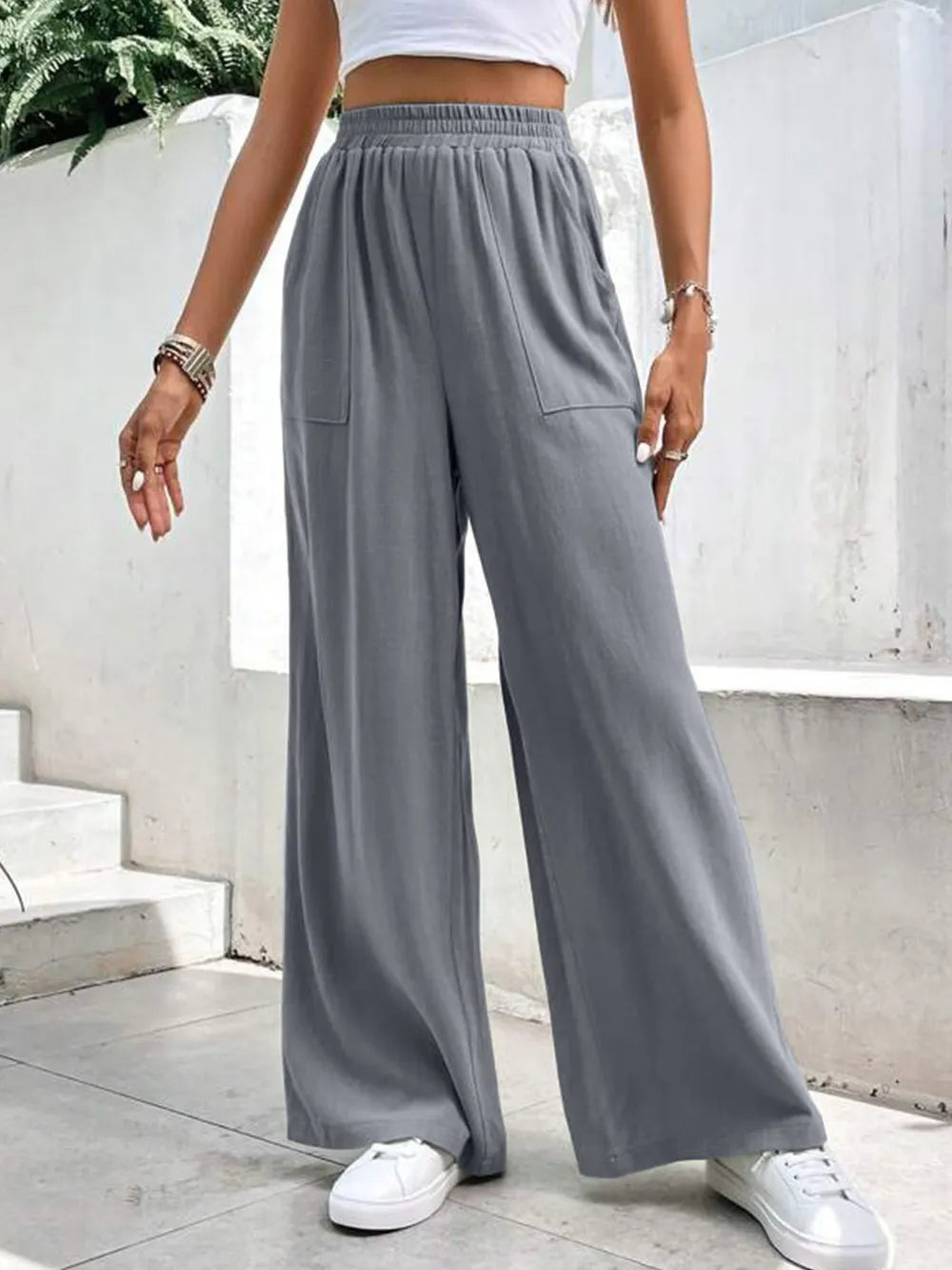 Women's mid rise straight leg pants loose sports solid color pocket casual pants