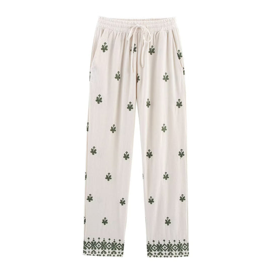 Elastic waistband embroidered embellishment wide leg casual pants for women