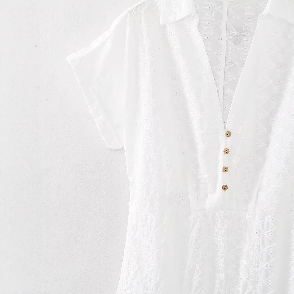 Fashionable hollowed out embroidered shirt style MIDI dress for women
