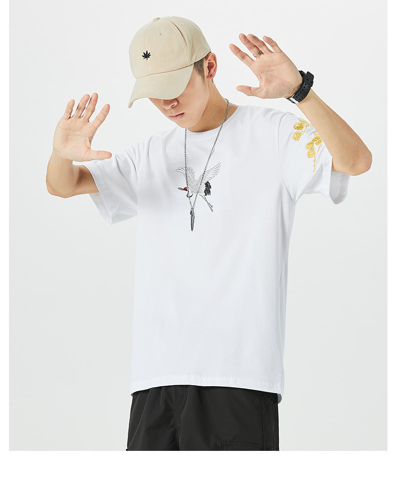 Chinoiserie Heavy Industry Embroidery Songhe China Chic Cotton Casual Loose Size Couple Short Sleeve T shirt Male