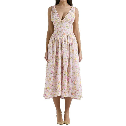 Solid color V-neck camisole mid length dress