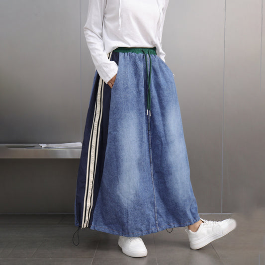 Trendy brand contrasting splicing denim skirt, personalized Hong Kong style loose casual versatile A-line skirt