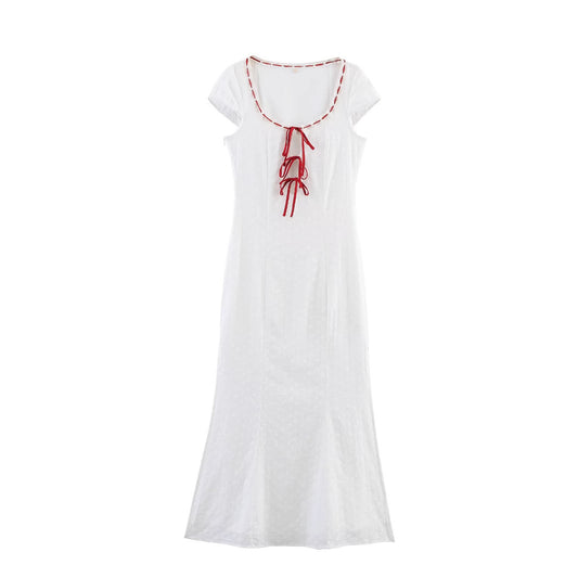 Fashion lace patchwork embroidered round neck lace up dress for women