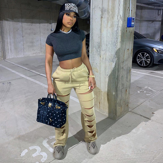 Autumn New High Waist Pants with Broken Holes Casual Loose Tight Waist Wide Leg Pants