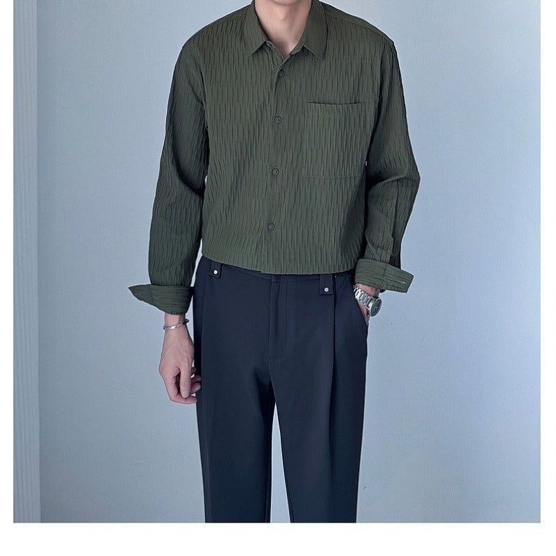 Wrinkled texture shirt for men's spring new long sleeved shirt