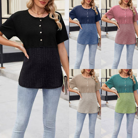 Women’s Color Block Knit Pullover Top with Short Sleeves and Round Neck Button Front – Casual Loose Fit for Everyday Comfort in Multiple Stylish Colors