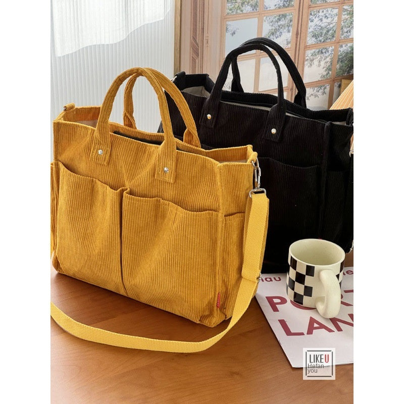 Autumn Winter Multi-Pocket Thick Corduroy Simple Commuter Tote Student Leisure Literary Handbag Shoulder Bag
