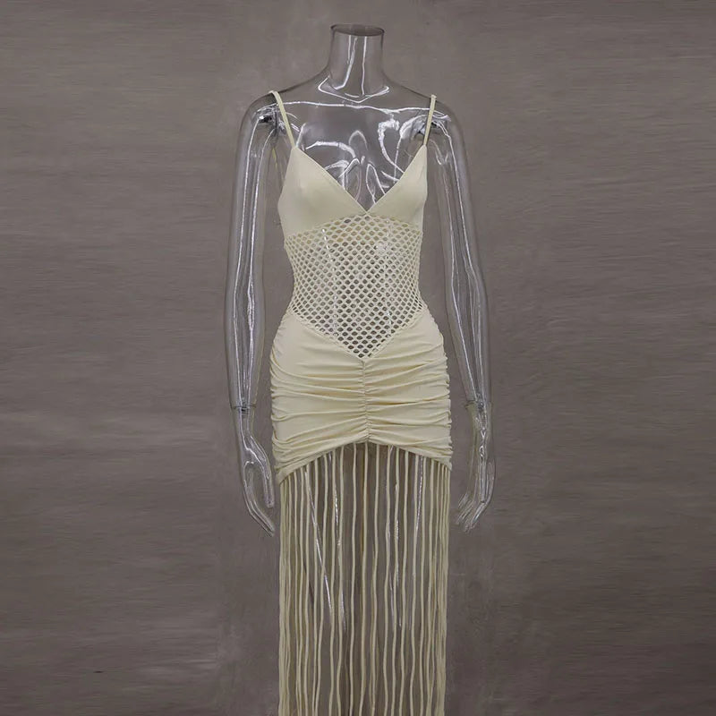 Hollow Out See-through Long Dress Women Holiday Tassels High Waist Sleeveless Strap Dresses Female Backless Evening Club Robe