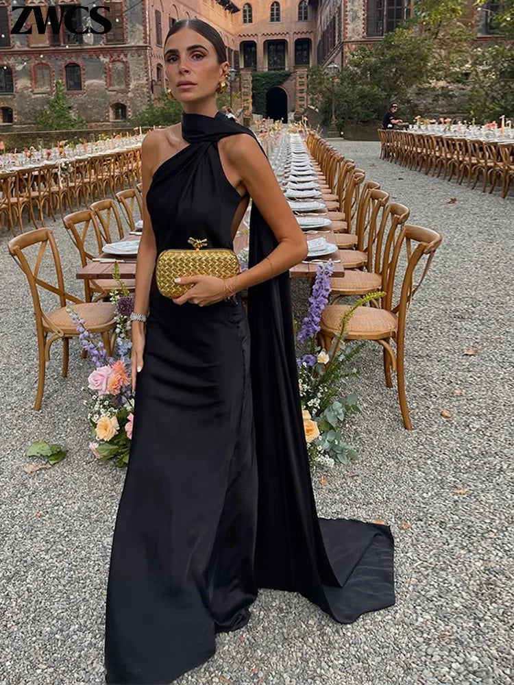 Elegant Satin Ribbons Halter Party Dress Women's Sexy Backless Off Shoulder Sleeveless Robes 2025 Summer New Lady Evening Gowns