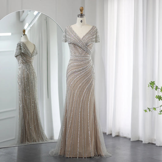 Sharon Said Luxury Dubai Silver Nude Mermaid Evening Dress for Women Wedding Cap Sleeve Arab Formal Party Gowns SS045 Customized