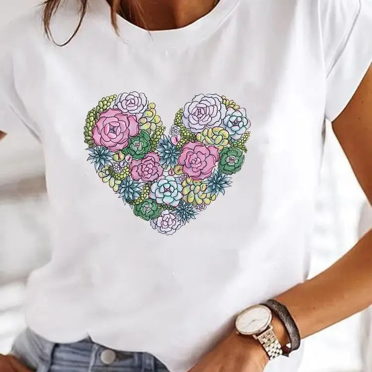 Women Casual Summer T-shirt – Loose Fit O-Neck Basic Tee with Trendy Heart Print UK