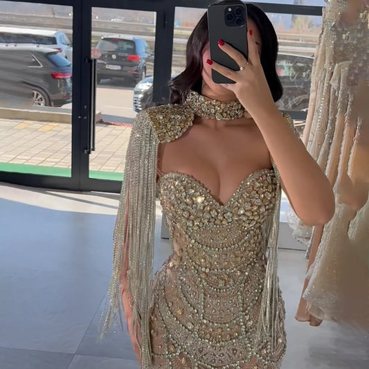 2025 Customized Nude Strapless Evening Dresses With Beaded Tassel And Detachable Fringe Short Cape For Formal Occasion LA72876